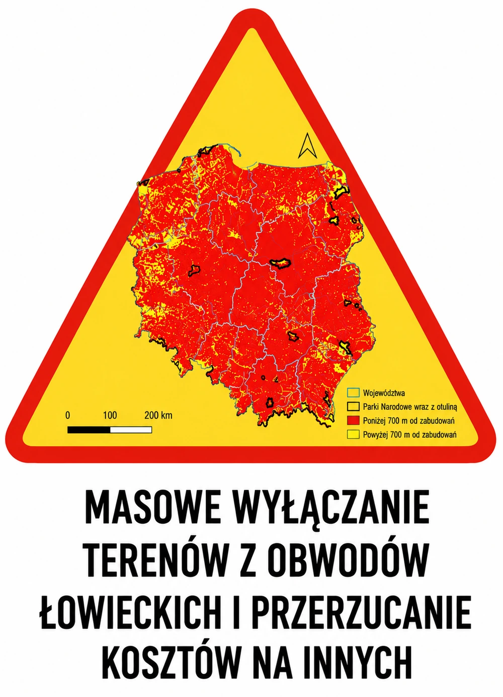 Mapa PZŁ pokazująca na czerwono obszary Polski położone bliżej niż 700 metrów od zabudowań